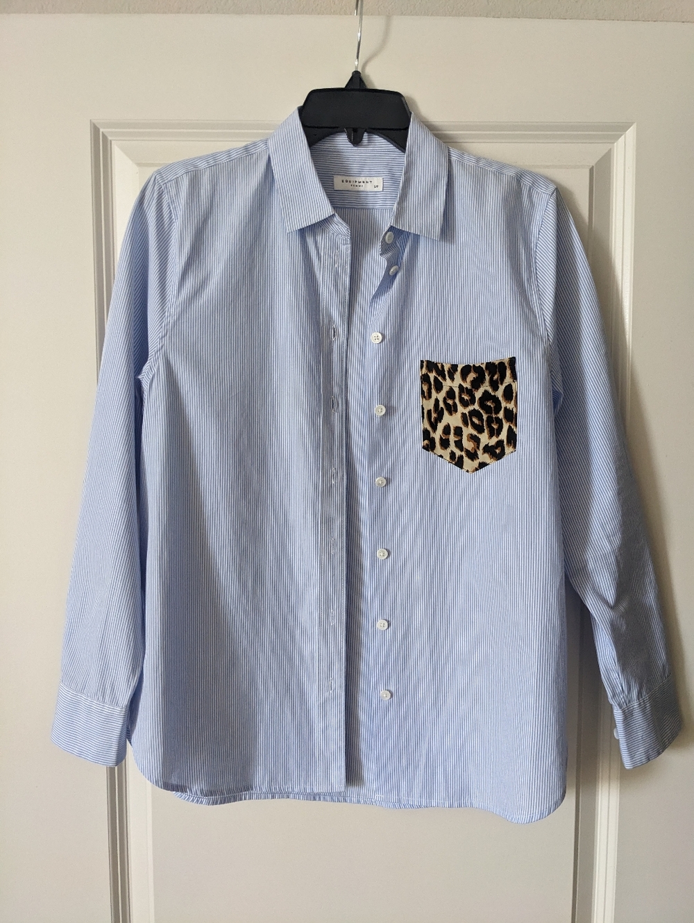 Equipment Light Blue Shirt with Leopard Print Pocket